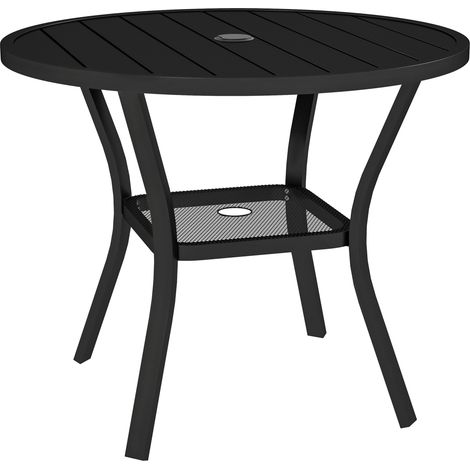 90 cm Garden Dining Table with 4-5 cm Parasol Hole, Round Outdoor Dining Table, Steel Garden Table with Slatted Metal Top and Wire Shelf for Balcony, Porch, Black