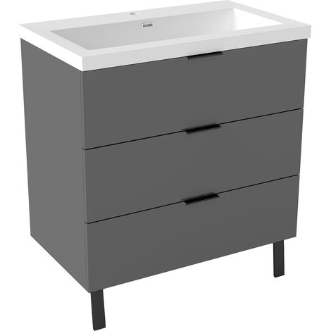 AICA Ensemble de meubles de salle de bain 80cm avec 3 tiroirs + 2 Pieds, Meuble simple vasque, Anthracite (1/5)
