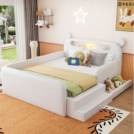 Lit enfant capitonné 140/200 cm blanc avec veilleuse, port USB et rangement (1/5)