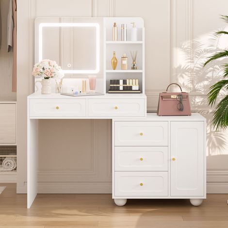 Coiffeuse avec miroir 80 x 39,8 x 127 cm - Blanc, bambou et panneaux de particules - LED 3 couleurs, 5 tiroirs (1/5)