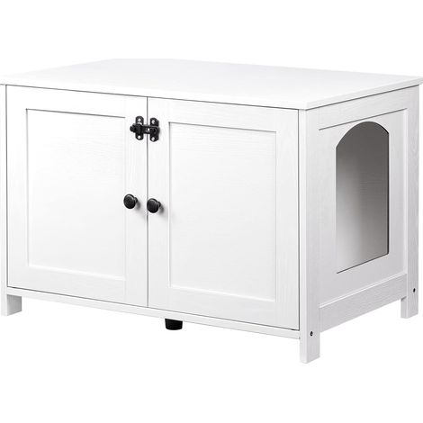 Katzenschrank, Katzenklo Schrank, Katzenhaus mit Tür und separater Trennwand, Sitzbank, Katzenstreu-Aufbewahrungsbox, 78,5 x 44,5 x 46 cm, Weiß