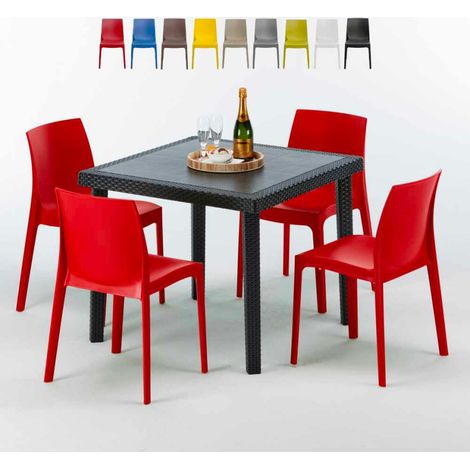 Table Carrée Noire 90x90cm Avec 4 Chaises Colorées Grand Soleil Set Extérieur Bar Café Rome Passion - Rouge (1/5)