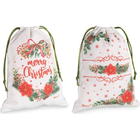 Sacchetti in tessuto con tirante, stampa natalizia stelle di Natale e scritta Merry Christmas, set da 24 pezzi, cm 17 x 23 H (al tirante21)