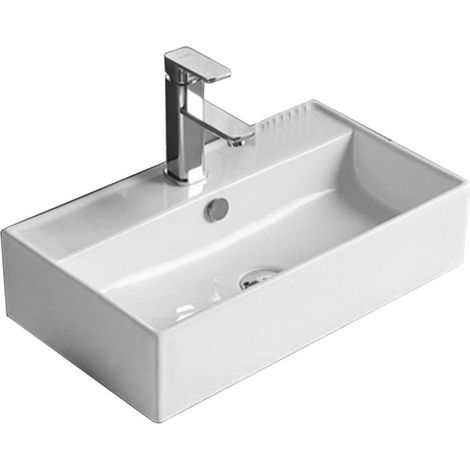 Vasque à poser rectangulaire Silla, lavabo salle de bain en céramique 55x32x13 cm, design moderne, installation facile, Blanc