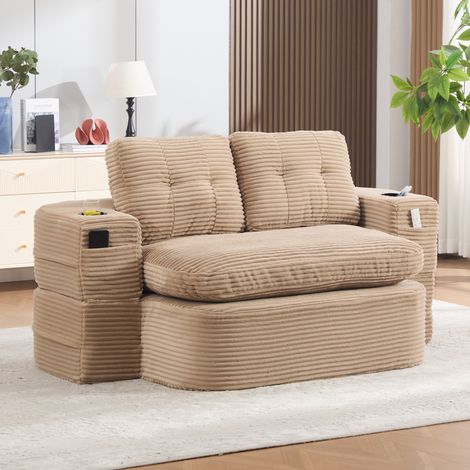Poltrona letto 2 in 1 in tessuto a coste beige con schienale alto e portabicchieri (1/5)
