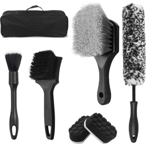 Ensemble de brosses de nettoyage pour jantes et pneus (7 pièces) — Brosses de précision à poils souples et long manche — Kit de lavage auto complet avec sac de rangement (1/5)