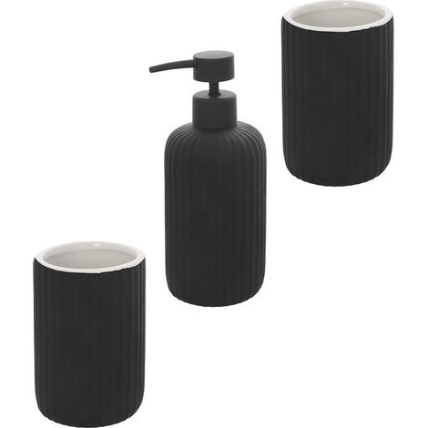 Set accessori bagno in ceramica nero con dispenser sapone e due portaspazzolini Spring (1/5)