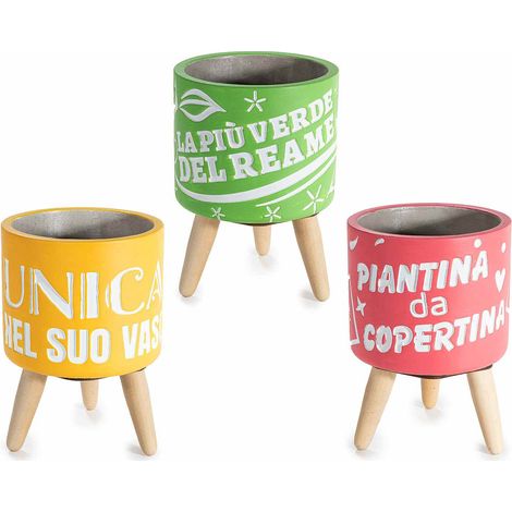 Vasi colorato in cemento su treppiede in legno con decori e scritte simpatiche, set da 6 pezzi, Ø 11 cm x 16 H