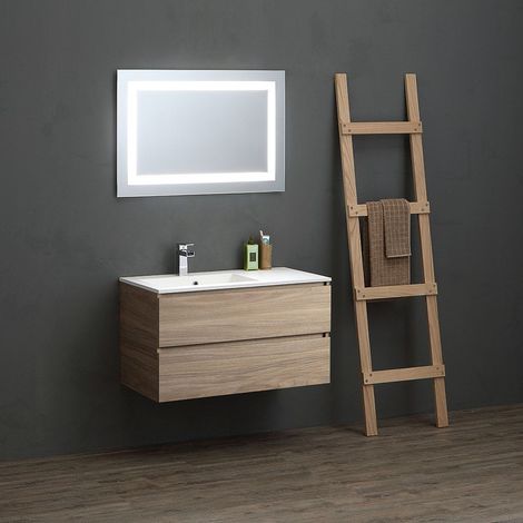 Badmöbel 90Cm Eiche Mit Asymmetrischer Waschbecken Und Led-Spigel  Valentina