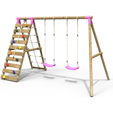 Rebo Wooden Swing Set with Up and Over Climbing Wall - Ela Pink