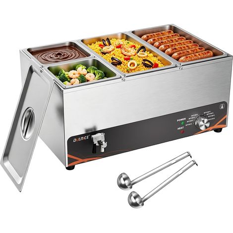 4 Bacs Bain-Marie Électrique en Acier Inoxydable, 1500W  24L Buffets Chauffe-Plats Electrique avec Temperature 30 à 85°C, Robinet de vidange, Cuillère à Soupe (1/5)