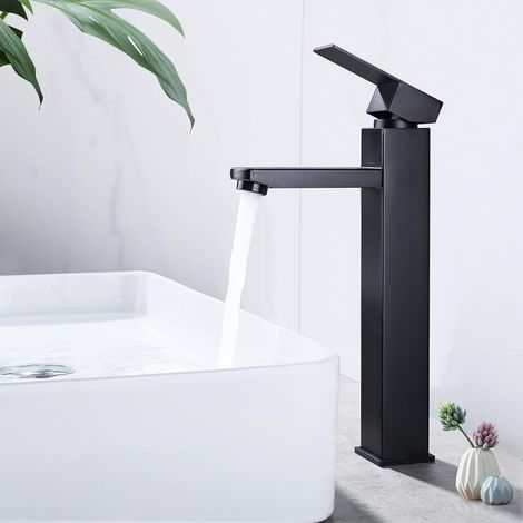 Robinet Salle Bain Noir Robinet de Lavabo Haut Mitigeur lavabo avec Poignée Carrée Robinetterie Lave Mains Démontable Mélangeur l'Eau Chaude et Froide (1/5)