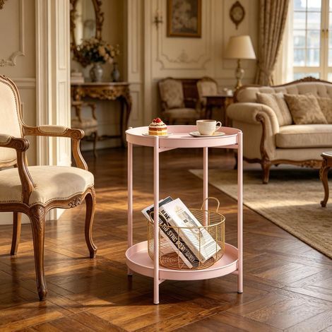 Tavolino rotondo 44x44x53 cm con 2 ripiani in metallo, vassoi rimovibili, piedini regolabili, rosa metallico (1/5)
