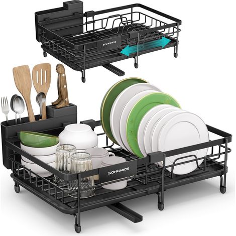 Égouttoir à Vaisselle, pour Petit Espace, Support à Vaisselle Extensible, Grande Capacité, Bec Extensible Rotatif 360°, Acier, 30,2-46,5 x 29,6 x 14 cm, Noir d'encre KCS556BH01 (1/5)