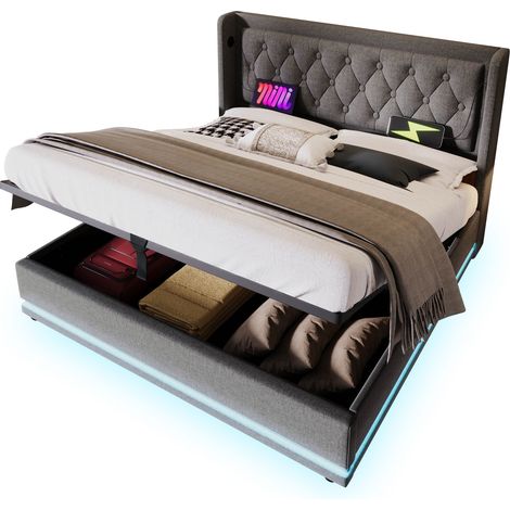 Polsterbett Doppelbett 160 x 200 cm, hydraulisches Stauraumbett aus Baumwollstoff, gepolstertes Kopfteil mit USB Typ-C, 3-seitige LED-Beleuchtung, Grau, ohne Matratze