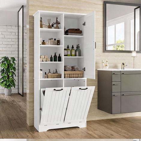 Meuble de salle de bain en MDF blanc 78 cm double panier à linge (1/5)