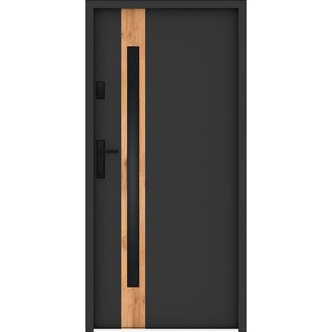 Porte d'entrée en acier pleine et inox H207 x L100 cm - verre fumé - anthracite et effet chêne - épaisseur 55 mm - poussant droit - BRAGA