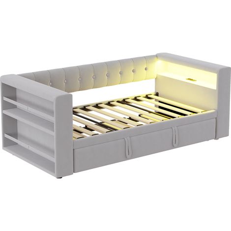 Lit coffre multifonction 90x190 cm, canapé convertible avec éclairage LED, prises intégrées et rangement, gris clair, sommier et matelas inclus (1/5)