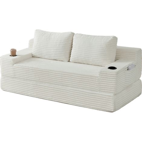 Divano letto pieghevole 2 posti in velluto a coste beige 180 cm con portabicchieri (1/5)