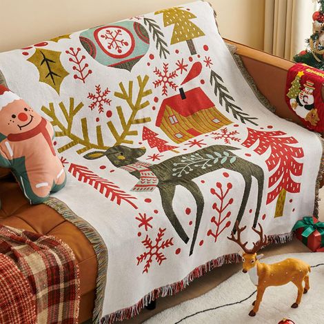 Weihnachtsdecken, gewebte Baumwoll-Tagesdecken mit Quasten, weihnachtlicher Jacquard-Wandteppich, warme Dekodecke, Sofadecke, 160 x 130 cm (1/5)