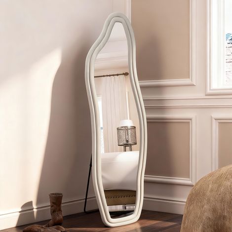 Specchio da terra 160x50 cm, specchio a figura intera irregolare asimmetrico con bordo in velluto, vetro e velluto, bianco