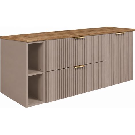 Set di mobili da bagno, 2 cassetti, 1 anta, chiusura ammortizzata, Cashmere / piano Rovere Chiaro, maniglie dorate, 140 x 46 x 57 cm (1/5)