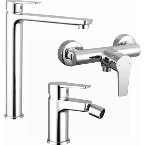 Set Miscelatori con Lavabo Alto Bidet senza Scarico ed Esterno doccia in Ottone Cromato Mod. Jane (1/4)