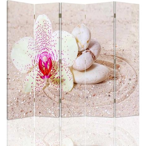 Paravent Zen Sable Avec Orchidée pour Intérieur Paisible - 180 x 180 cm - 1 face déco, 1 face noir