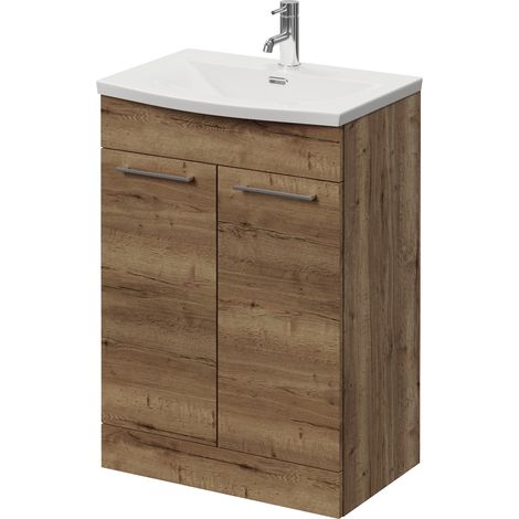 Napoli 390 Tobacco Oak 600mm 2 Door Vanity Unit with Arc Basin - 600mm - Chrome 160mm Handle