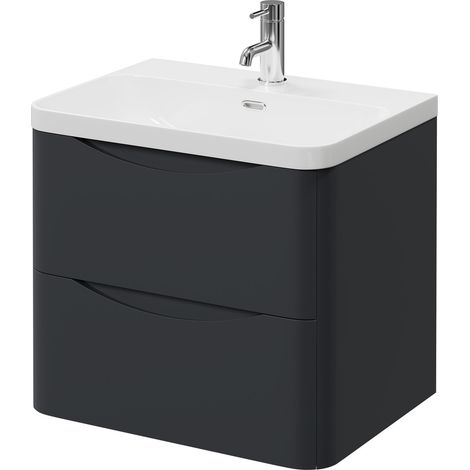 Vela Satin Anthracite 600mm Wall Mounted 2 Drawer Vanity Unit with Fina Basin (1/5)