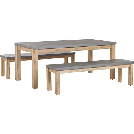 Conjunto de jardín de cemento reforzado gris madera de acacia clara mesa de 6 plazas 2 bancos para exteriores industrial moderno Ostuni