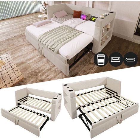 lit gigogne 90x190, couchage deux places banquette lit, ports USB, accoudoirs malin, gain d'espace, housse toile (1/5)