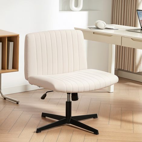 Fauteuil de bureau homeoffice réglable en hauteur, pivotant, aspect lin, chaise pour position assise tailleur, résistant jusqu'à 120 kg, blanc crème (1/5)