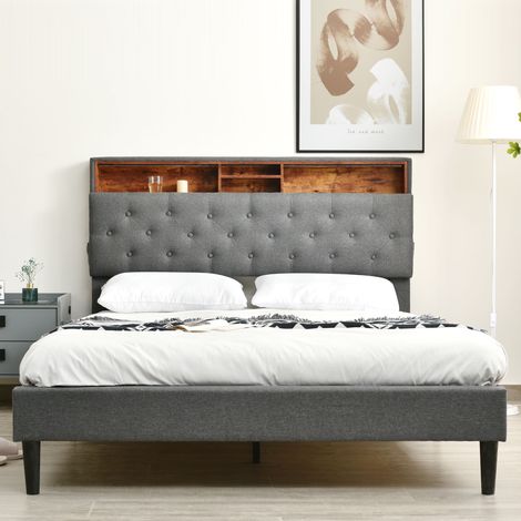 Letto matrimoniale in legno massello e tessuto grigio 140x200 cm con testiera contenitore, LED e materasso incluso (1/5)
