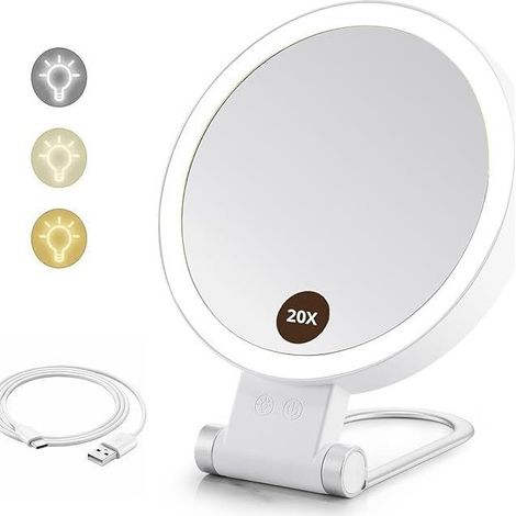 Beleuchteter Kosmetikspiegel, 20-fache/1-fache Vergrößerung, doppelseitig, 3-farbige LED-Beleuchtung, 1000-mAh-USB-Akku mit Clip, Wandhalterung, Hochglanzweiß (1/4)