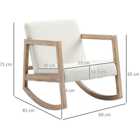 Fauteuil à bascule avec structure en bois, rembourré, fauteuil relaxant, fauteuil de salon, chaise longue avec assise rembourrée, bois d'hévéa, blanc crème, 60 x 81 x 71 cm (1/5)