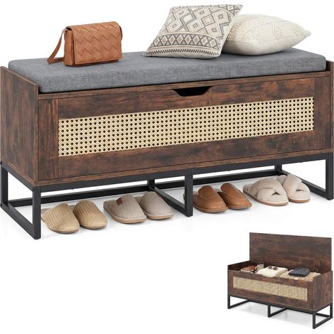 Flip-Top Shoe Bench, 100cm Rattan Storage Chest & Shoe Rack with Padded Seat Cushion, Hidden Hallway Bench & Bed-End Stool Shoe Organizer for Entryway & Bedroom (1/5)