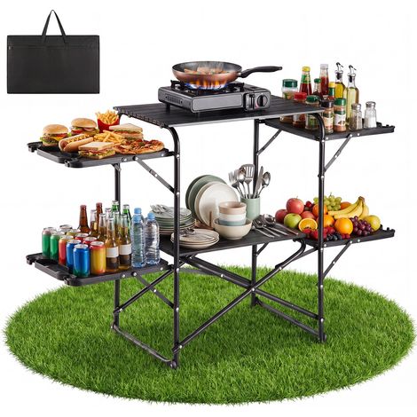 Cuisine de Camping Pliable Table de Camping à 4 Tablettes Latérales, Pour Barbecue, Pique-nique et Voyage, Légère et Portable, Avec Plan de Travail Résistant à la Chaleur et Sac de Transport (1/5)