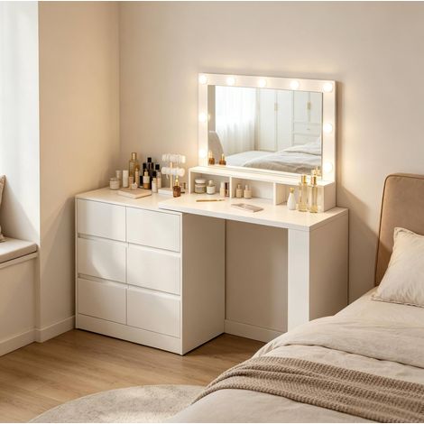 Coiffeuse 90x40x134,5 cm en bois blanc, avec rangement pour chambre adulte FloraGrace (1/5)