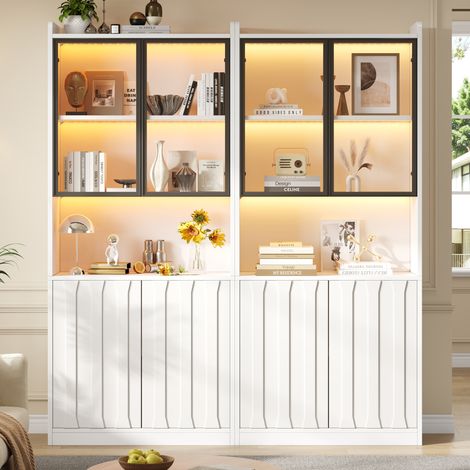 Design blanc à rayures verticales, rangement modulable, meuble vitrine LED 160 x 35 x 200 cm pour salon et bureau (1/5)