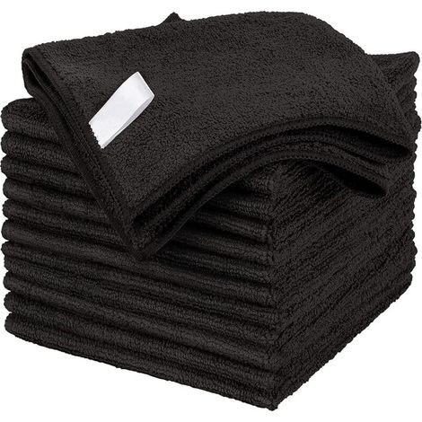 Chiffon de Nettoyage en Microfibre, Serviettes Tout Usage, sans stries, Paquet de 12, Noir, Taille 30x30cm (1/5)