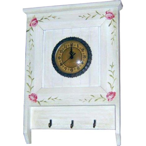 Orologio da parete in stile provenzale con ganci e fiori dipinti a mano, bianco, 49x36x5 cm (1/2)
