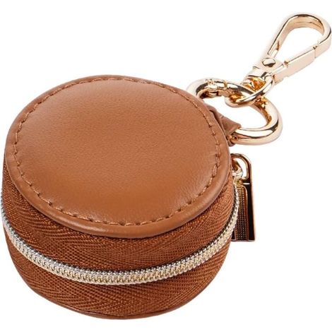 Mini boîte de rangement portable pour bijoux, organisateur de voyage, en cuir synthétique rond avec porte-clés, étui à bijoux en cuir synthétique pour boucles d'oreilles, colliers (marron) (1/5)