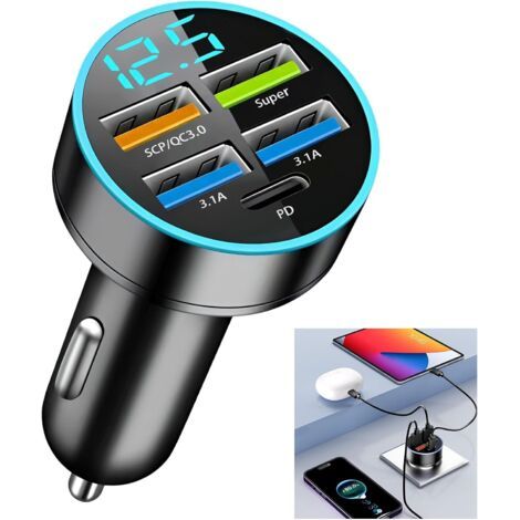 Chargeur De Voiture Double USB 66w/3.1A, 5 Ports Allume Cigare USB Prise Chargeur Telephone Voiture Rapide QC3.0 avec LED Voltmètre Compatible avec Phone Samsung Xiaomi Android Type-C (1/5)
