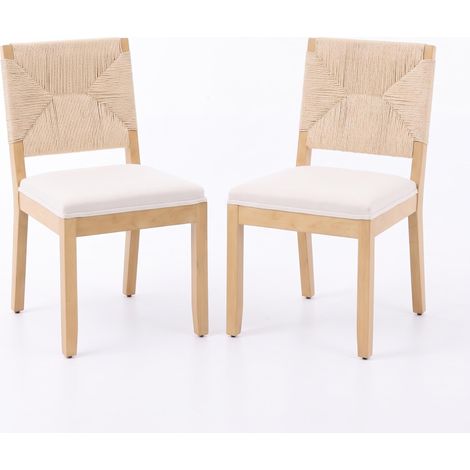 FurnitureR Lot de 2 chaises beige en lin avec dossier cannage et structure bois (1/5)