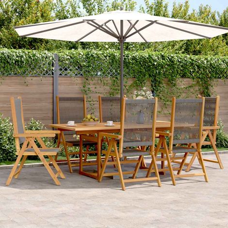 Ensemble de mobilier de jardin 7 pièces en bois d'acacia massif et résine tressée gris avec table extensible et chaises pliantes (1/5)