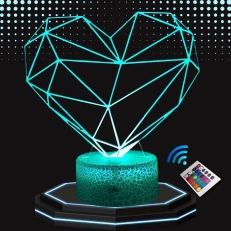 Lampe de Chevet 3D LED - Fabriquée en France - Coeur Stylisé - Multicolore - Télécommande - Tactile (1/4)