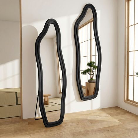 Miroir sur pied 140x45 cm, grand miroir, miroir mural, verre HD incassable, cadre velours, convient chambres, salons, dressings - Noir