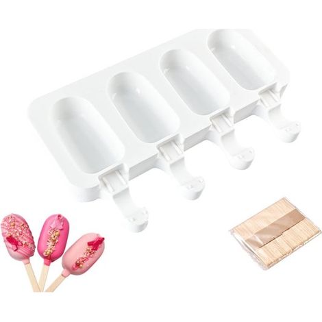 Bâtonnet à glace en silicone avec moule ovale à 4 cavités et 50 bâtonnets en bois, pour gâteaux, tartes et glaces maison, blanc (1/5)