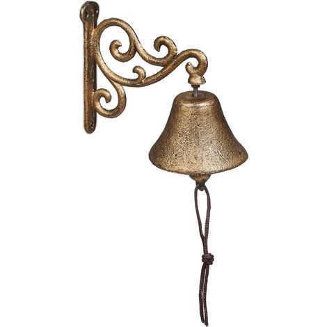 Cloche en fonte dorée pour jardin – Sonnette vintage murale avec corde – Design antique – Dimensions 15,5 x 10 x 17,5 cm (1/5)